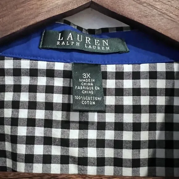 Lauren Ralph‎ Lauren Womens Plus 3X Black White Gingham Button Up Shirt Blouse - Picture 11 of 15